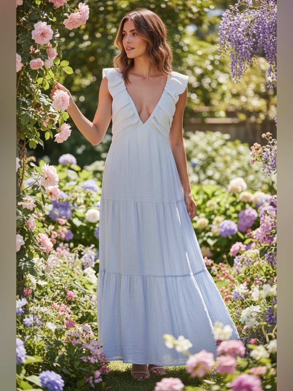 Hunter& Brown Sleeveless Deep V Ruffle Maxi Dress Light Blue, Size M